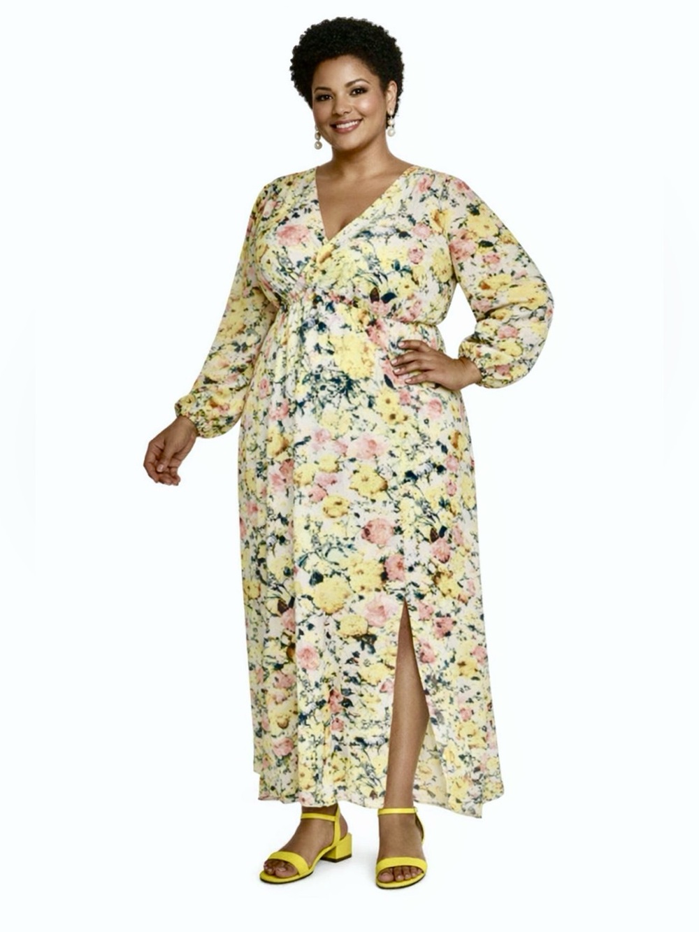 INC White Floral Chiffon Cruise Brunch Party Elastic Puff Sleeve Wrap Maxi Dress